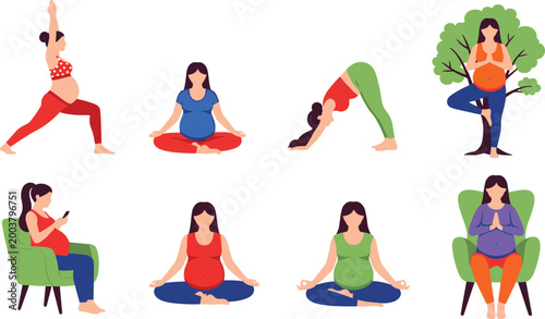 Pregnant Women Yoga and Daily Activities Cartoon Vector Set with Prenatal Exercise, Meditation, Stretching, Relaxation, and Healthy Maternity Lifestyle Design.