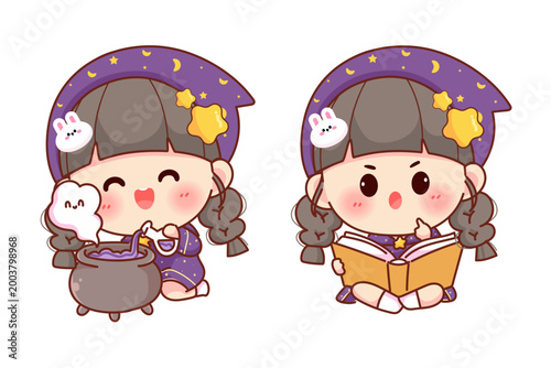 Kawaii Chibi Cute Witch Girl Purple Hat Star Moon Cauldron Potion Book Reading Magic Fantasy Cartoon Illustration