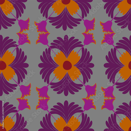 Minimalist hand-drawn gray backdrop showcasing intricate purple floral ornaments in a stylish symmetrical arrangement.