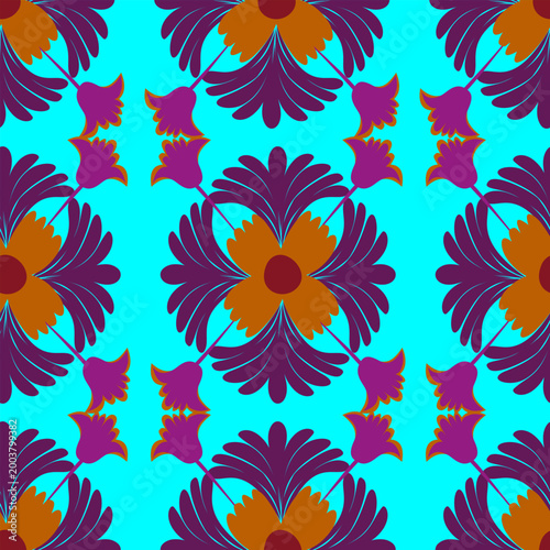 Serene hand-drawn sky blue seamless pattern featuring symmetrical flower bouquets and traditional botanical ornaments.