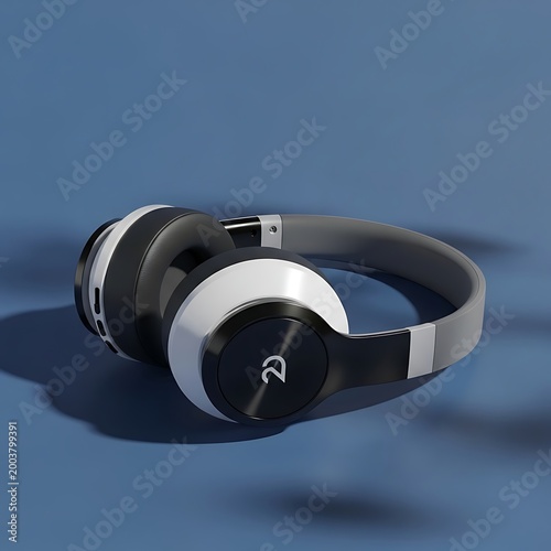 Black and silver wireless headphones on blue background  modern audio equipment  music listening device