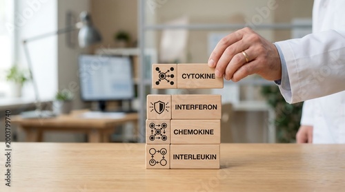 Doctors hand placing wooden blocks with scientific terms like cytokine and interferon representing medical research and understanding