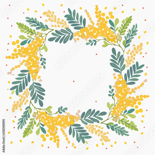 Decorative Wreath of Yellow Mimosa Flowers and Green Leaves