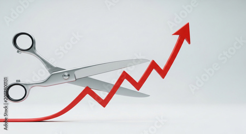 Scissors Cutting Red Upward Arrow Symbolizing Cost Reduction