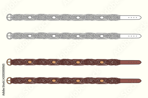 Braided Oval-Link Western Belt with Leather Tip and Classic Buckle Detail Colorway Fashion Flat Sketch Template