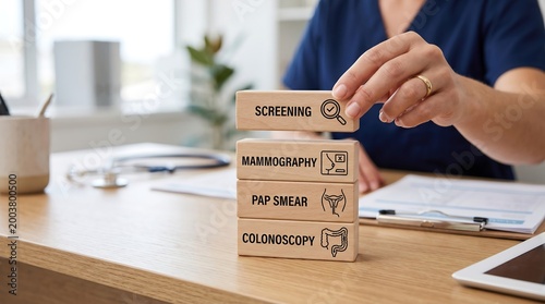 Doctors hand stacking wooden blocks with medical screening terms like mammography pap smear and colonoscopy for health awareness