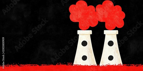 Red Smoke Billowing from Industrial Smokestacks Against Night Sky