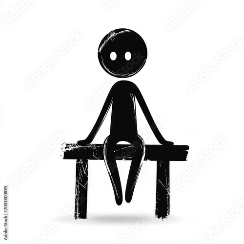 Stick Figure Sitting on a Bench Minimalist Black and White Illustration
