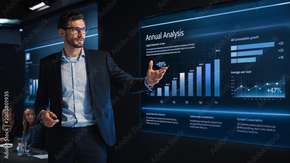 Fototapeta premium Business Professional Presenting Financial Data on a Large Screen in a Modern Conference Room