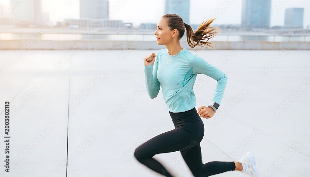 Obraz premium Woman running on city sidewalk in athletic wear with watch