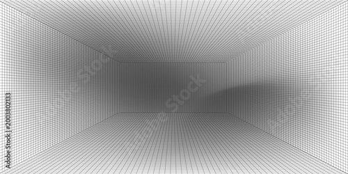 Futuristic perspective grid box. Abstract wireframe with white grid line on white background. Virtual reality landscape in 80s 90s digital style. Vector