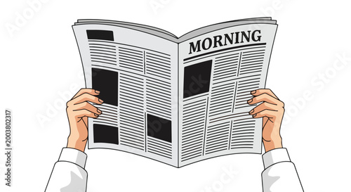 Two hands holding an open newspaper with text and images on a white background
