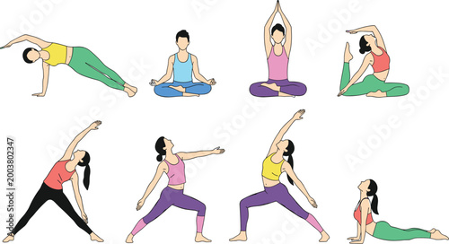Women Yoga Poses Cartoon Vector Set with Stretching, Balance, Meditation, Flexibility Exercises, and Healthy Lifestyle Activities for Fitness and Wellness Design.