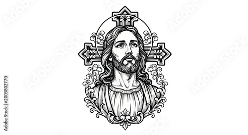 Bild auf Leinwand Jesus Christ Portrait with Cross, Religious Symbol, Christian Art, Line Drawing