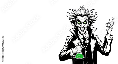 Quadro su tela Mad Scientist with Glowing Eyes Holding Flask of Green Liquid, Comic Style
