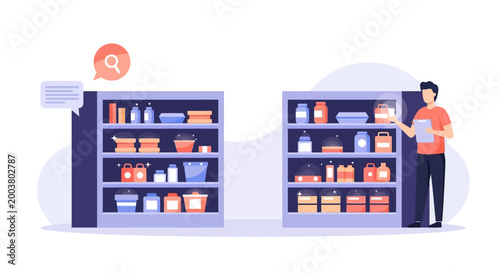 Man organizing shelves in a pantry or storage room. EPS Editable. Vector Illustrations.