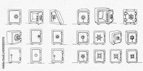 Continuous line drawing of various security safes and vaults, depicting different angles and designs for protection and storage.