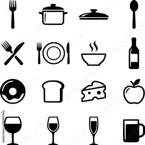 Culinary Essentials Iconography: A collection of meticulously crafted, clean, black-and-white icons representing the cornerstone elements of the dining experience.