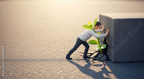 Businessman Pushing Heavy Block With Green Plant Growing Through Crack