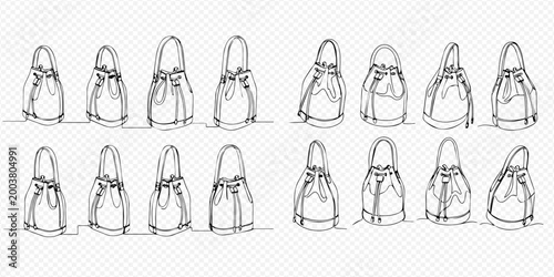 Set of continuous line art drawings of various drawstring bags, fashion accessories in minimalist style.