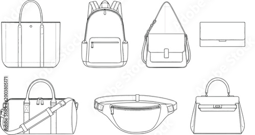 Photos Minimalist line art set of various bags including tote backpack crossbody clutch
