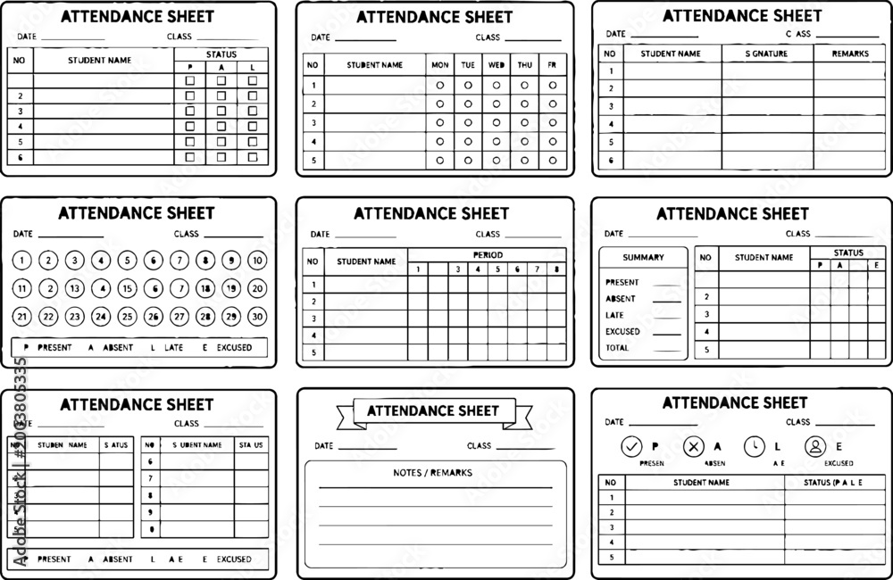Fototapeta premium Collection of various blank attendance sheet templates for employee