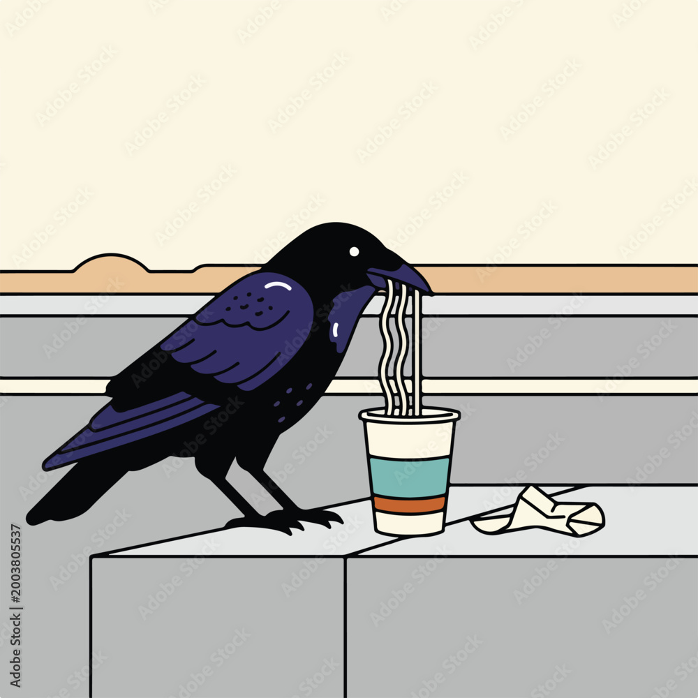 Fototapeta premium A black raven stands on a ledge, eating noodles from a disposable paper cup
