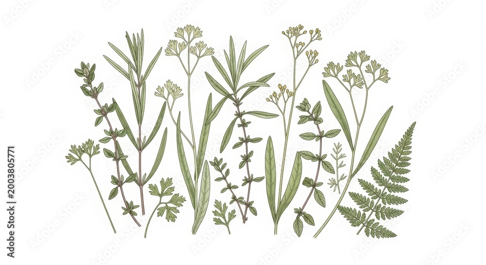 Fototapeta premium Vintage botanical herb illustration, hand drawn green medicinal plants and wild flowers, rustic organic garden herbs on white background