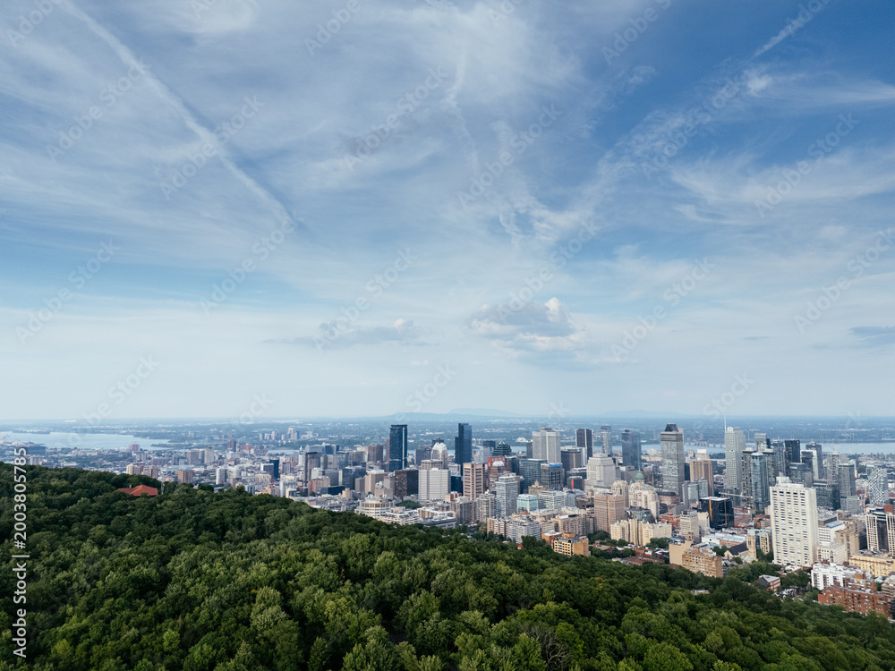 Obraz premium Montreal downtown skyline from Mount Royal with park, lake and greenery in summer, Quebec, Canada. g.