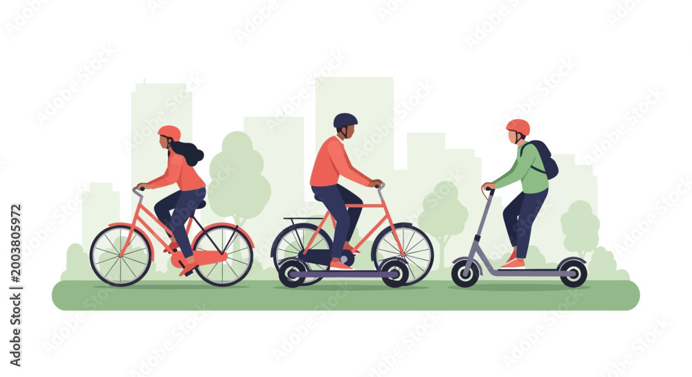 Fototapeta premium People riding bicycles and an electric scooter in a city park. EPS Editable. Vector Illustrations.