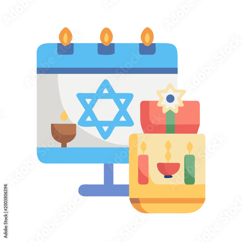 Hanukkah holiday calendar with menorah and gifts in flat design