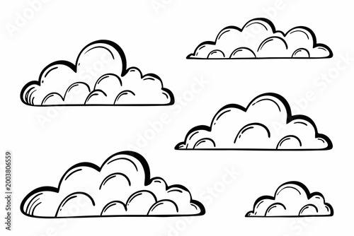 A whimsical hand-drawn vector illustration of fluffy cumulus clouds scattered across a blank white background.