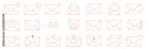 Mail and email outline icon set, envelope message inbox and attachment vector icons isolated