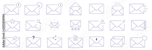 Mail and email outline icon set, envelope message inbox and attachment vector icons isolated on transparent background