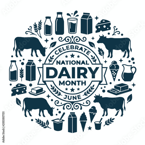 National dairy month silhouettes with cows and milk products