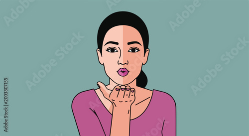 A stylized vector illustration of a young woman blowing a kiss to the camera