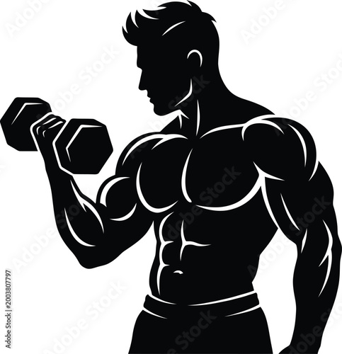 Silhouette of a muscular bodybuilder lifting a heavy dumbbell for strength training and gym exercise vector illustration.