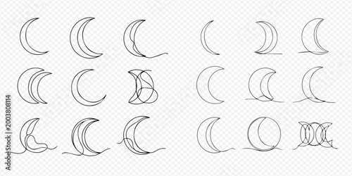 Set of crescent moon drawings in one line art style, celestial body continuous line icons.