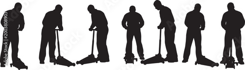 Black Solid Garage Technician Hydraulic Jack Role Silhouettes Set of Six on White Background