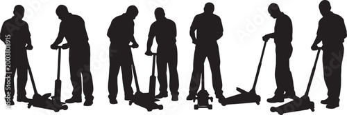 Black Solid Garage Technician Hydraulic Jack Role Silhouettes Set of Six on White Background