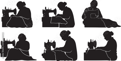 Black Solid Garment Worker Sewing Machine Role Silhouettes Set of Six on White Background