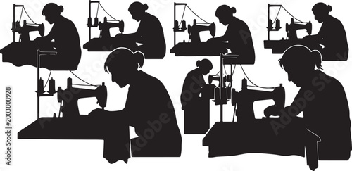 Black Solid Garment Worker Sewing Machine Role Silhouettes Set of Six on White Background