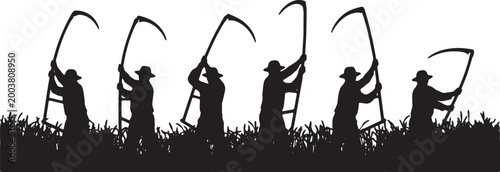 Bild auf Leinwand Black Solid Grain Harvester Curved Scythe Role Silhouettes Set of Six on White B