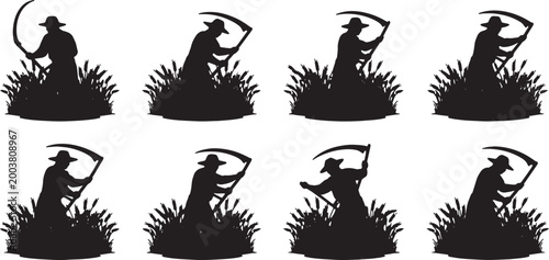 Bild auf Leinwand Black Solid Grain Harvester Curved Scythe Role Silhouettes Set of Six on White B