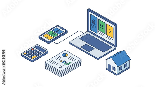 Isometric illustration of financial management tools and assets.