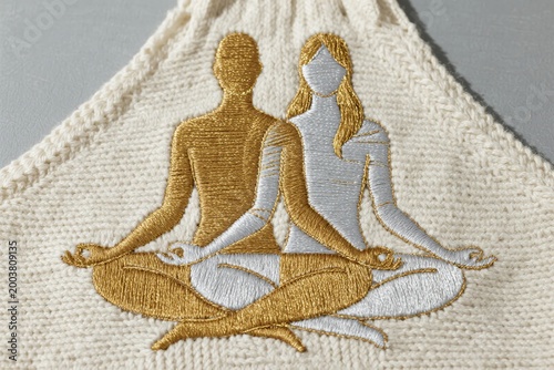 Embroidered depiction of two figures in meditation pose on a textile surface