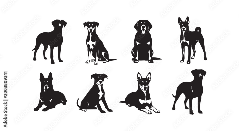 Fototapeta premium Set of various dog breeds silhouettes standing and sitting in different poses cute animal vector illustrations for pet lovers.