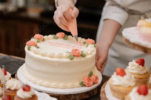 A baker decorates a white cake with pink roses and piped frosting, surrounded by cupcakes topped with strawberries.