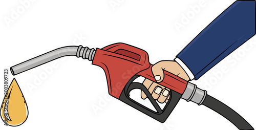 Close-up of hand gripping fuel nozzle, gas station refueling concept, isolated vector illustration.