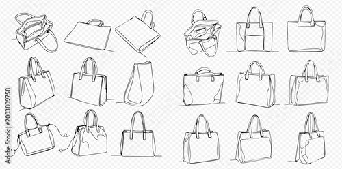 Tableau sur toile Set of various hand-drawn women's handbags and purses in different styles and perspectives, fashion accessories sketch collection
